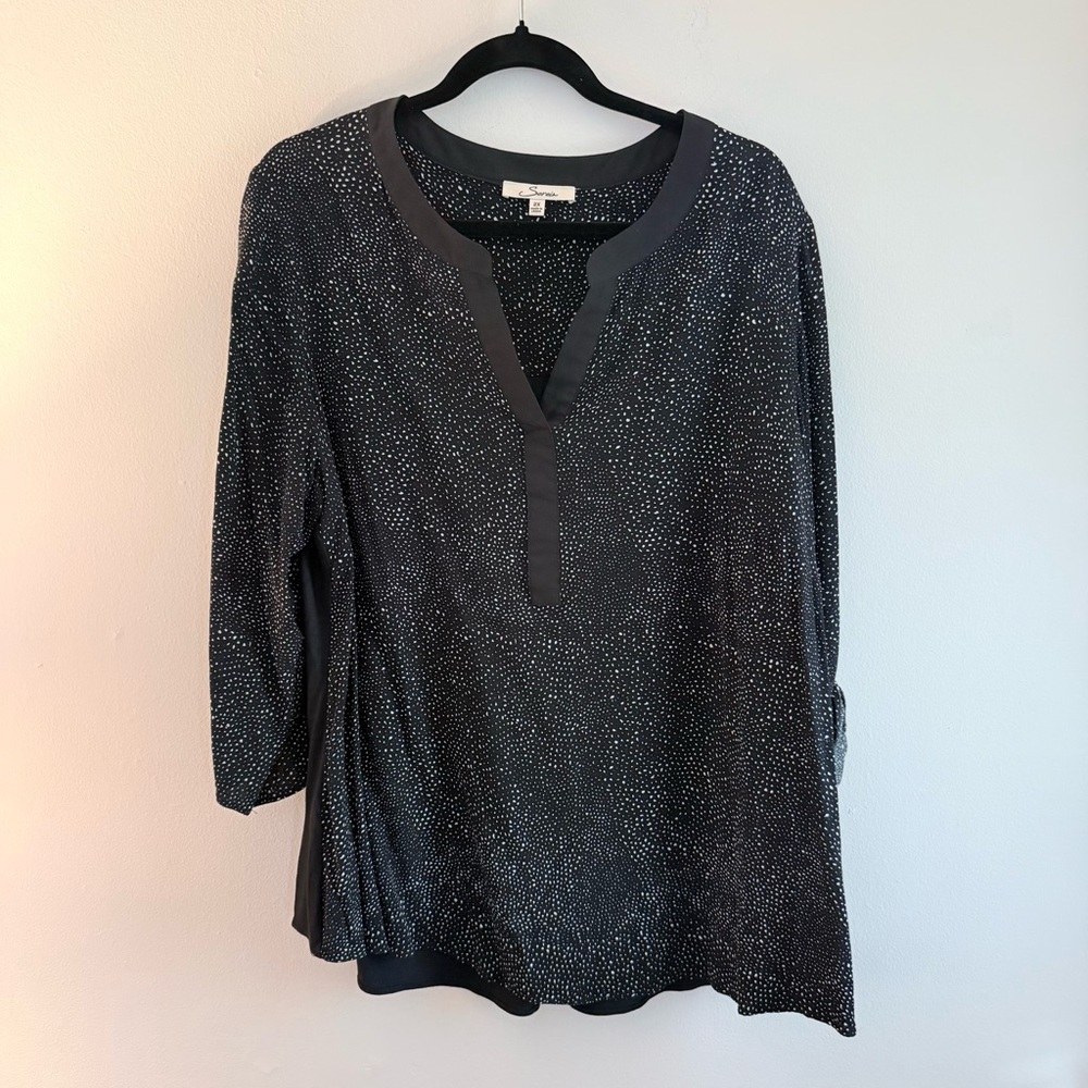 Black Dot-Print Tunic with Split Neckline